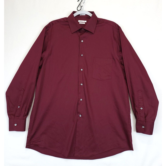 Van Heusen Button Down Shirt Lux Sateen Men 16 32/33 Burgundy Long Sleeve Pocket - Picture 1 of 11